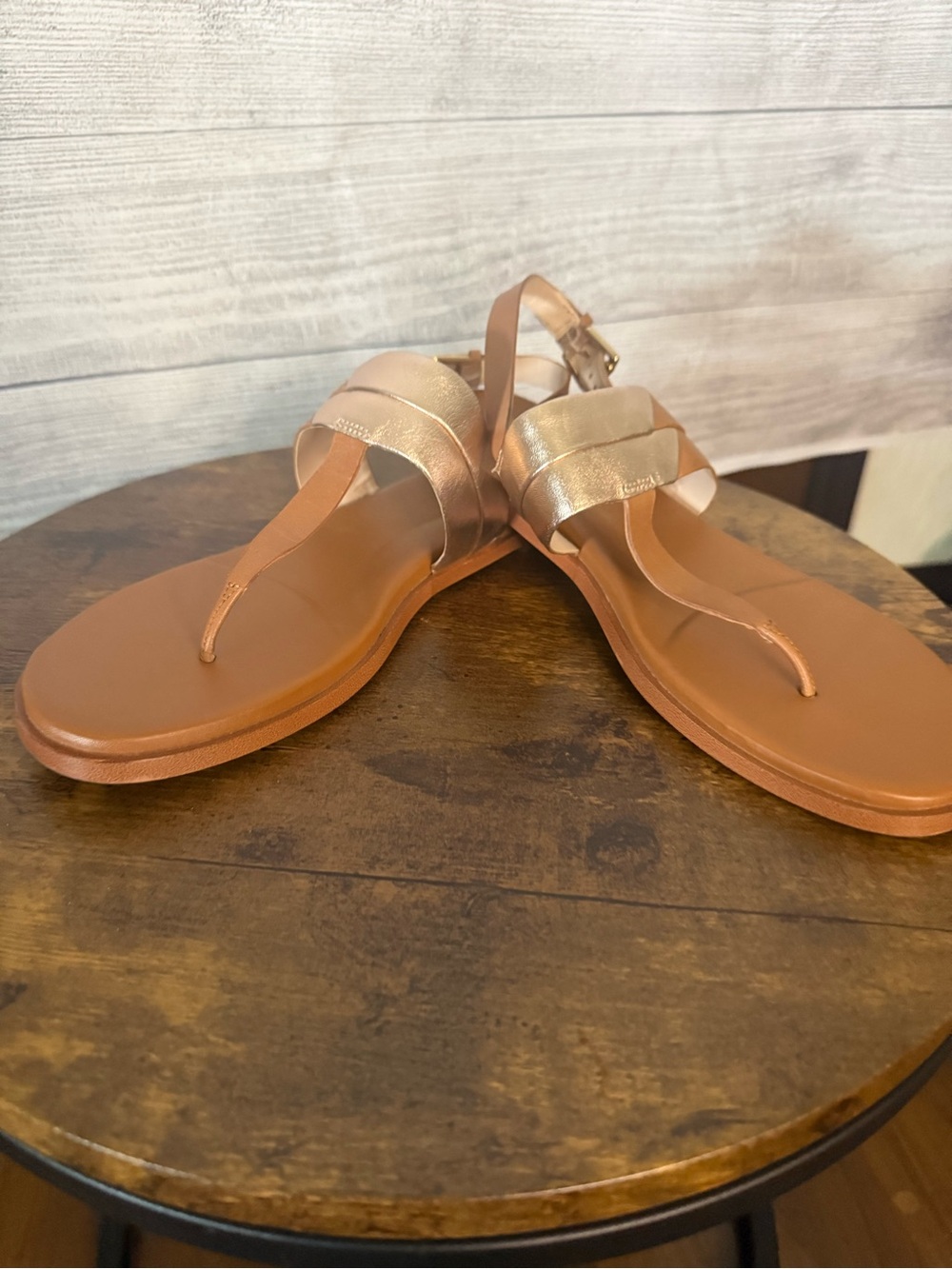 Cole Haan Metallic Gold and Tan T-Strap Sandals